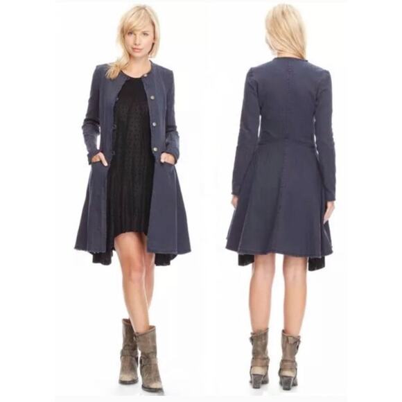 Free People blue denim flared raw hem ribbed duster jacket size M hippie grunge - Picture 1 of 10